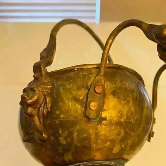 Antique Hand Crafted Pitcher With Lion Heads & Blue White Painted Handle - Picture 8 of 12